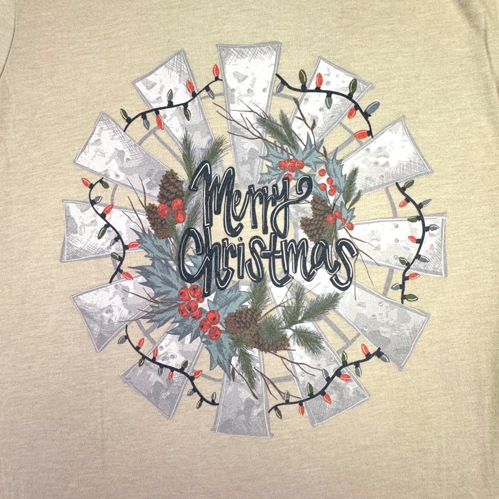 Crazy Train Shirt Womens Medium Western‎ Windmill Wreath Merry Christmas Tan